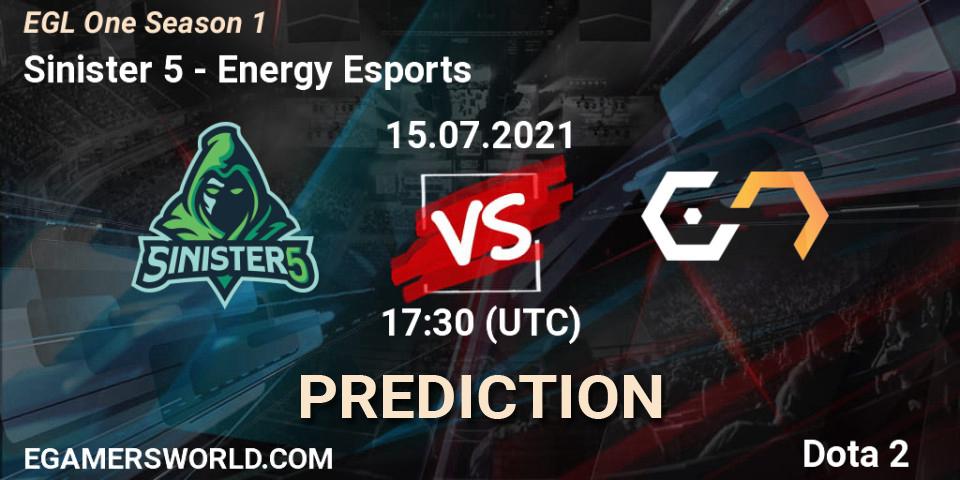 Sinister 5 - Energy Esports: прогноз. 15.07.2021 at 17:33, Dota 2, EGL One Season 1