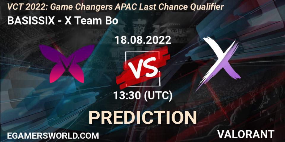 BASISSIX - X Team Bo: прогноз. 18.08.2022 at 13:30, VALORANT, VCT 2022: Game Changers APAC Last Chance Qualifier