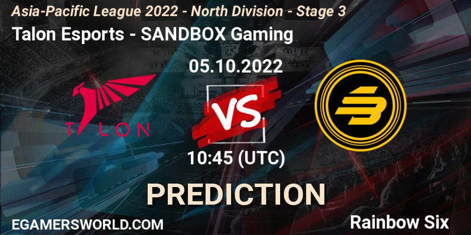 Talon Esports - SANDBOX Gaming: прогноз. 05.10.2022 at 10:45, Rainbow Six, Asia-Pacific League 2022 - North Division - Stage 3