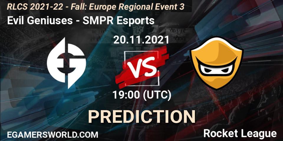 Evil Geniuses - SMPR Esports: прогноз. 20.11.2021 at 19:00, Rocket League, RLCS 2021-22 - Fall: Europe Regional Event 3