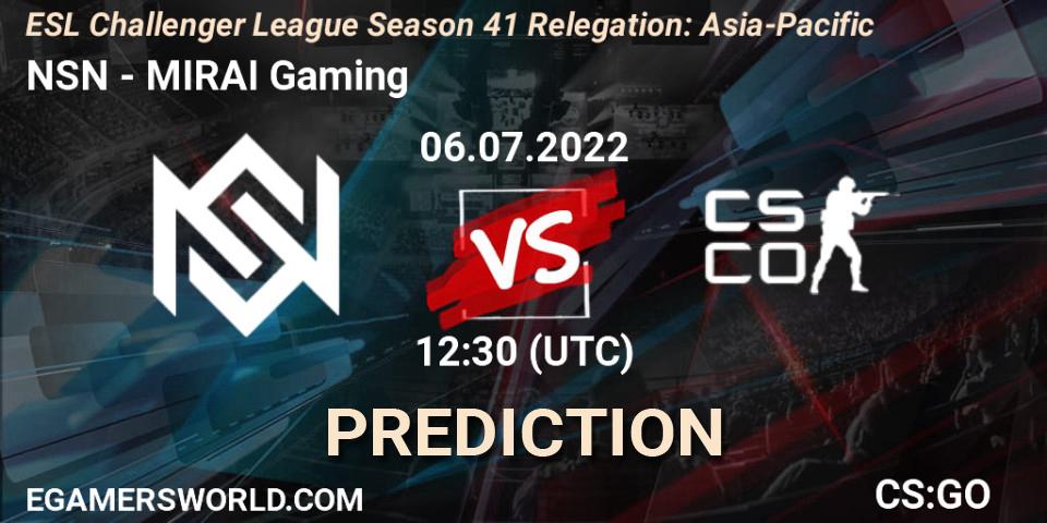 NSN - MIRAI Gaming: прогноз. 06.07.2022 at 12:30, Counter-Strike (CS2), ESL Challenger League Season 41 Relegation: Asia-Pacific