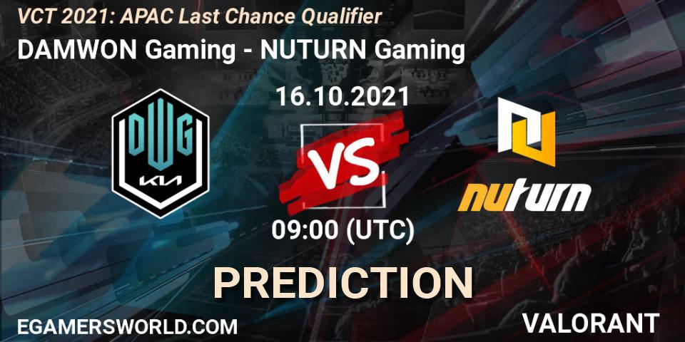 DAMWON Gaming - NUTURN Gaming: прогноз. 16.10.2021 at 09:00, VALORANT, VCT 2021: APAC Last Chance Qualifier