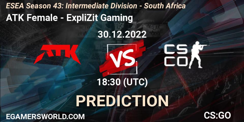 ATK Female - ExpliZit Gaming: прогноз. 29.12.2022 at 18:30, Counter-Strike (CS2), ESEA Season 43: Intermediate Division - South Africa