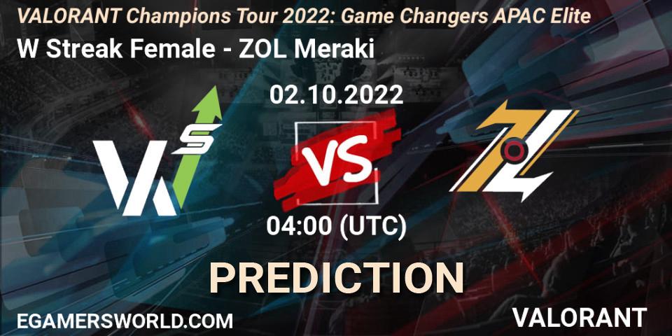 W Streak Female - ZOL Meraki: прогноз. 02.10.2022 at 04:00, VALORANT, VCT 2022: Game Changers APAC Elite