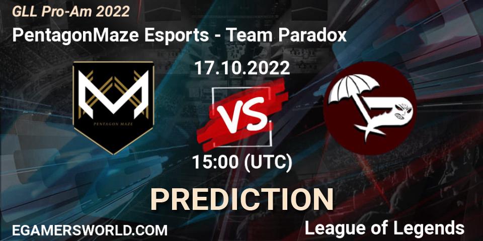 PentagonMaze Esports - Team Paradox: прогноз. 17.10.2022 at 18:30, LoL, GLL Pro-Am 2022