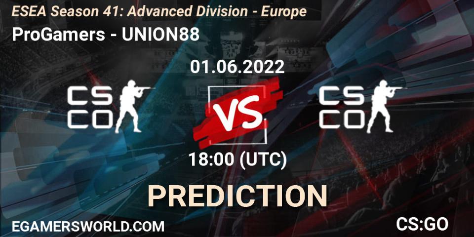 ProGamers - UNION88: прогноз. 01.06.2022 at 18:00, Counter-Strike (CS2), ESEA Season 41: Advanced Division - Europe
