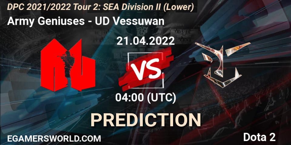Army Geniuses - UD Vessuwan: прогноз. 21.04.22, Dota 2, DPC 2021/2022 Tour 2: SEA Division II (Lower)