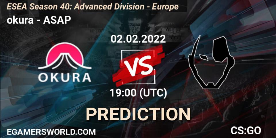 okura - ASAP: прогноз. 02.02.2022 at 19:00, Counter-Strike (CS2), ESEA Season 40: Advanced Division - Europe