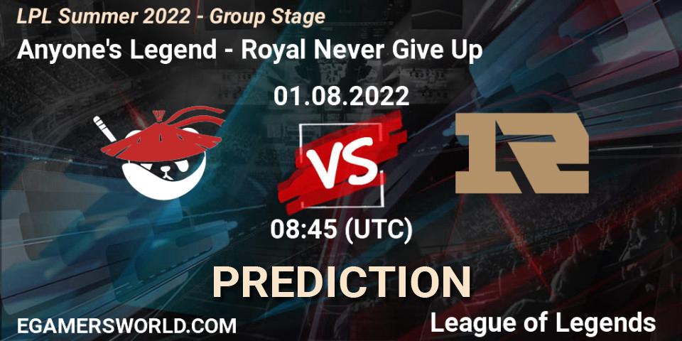 Anyone's Legend - Royal Never Give Up: прогноз. 01.08.2022 at 09:00, LoL, LPL Summer 2022 - Group Stage