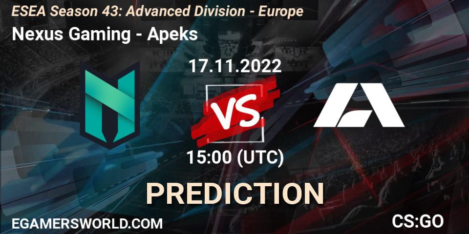 Nexus Gaming - Apeks: прогноз. 17.11.2022 at 15:00, Counter-Strike (CS2), ESEA Season 43: Advanced Division - Europe
