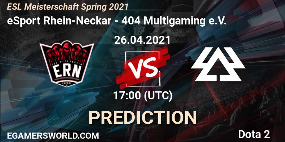eSport Rhein-Neckar - 404 Multigaming e.V.: прогноз. 26.04.2021 at 17:05, Dota 2, ESL Meisterschaft Spring 2021