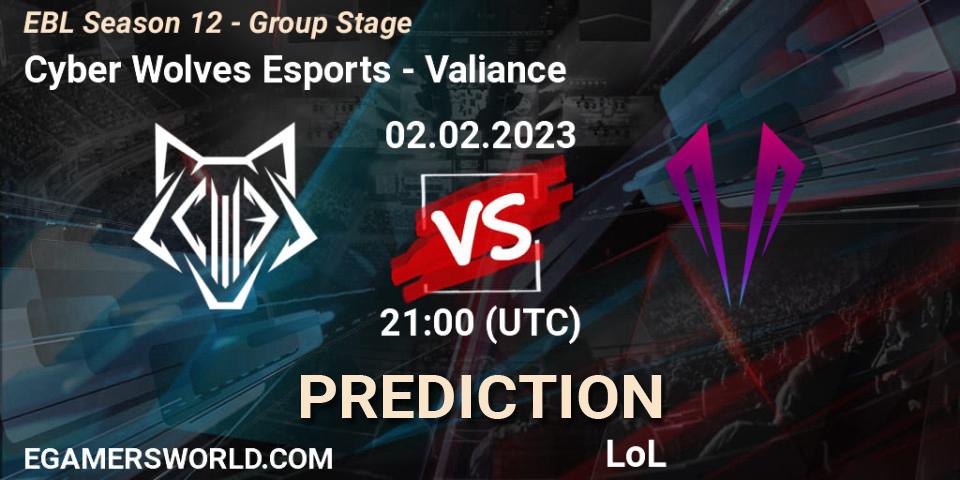 Cyber Wolves Esports - Valiance: прогноз. 02.02.2023 at 21:15, LoL, EBL Season 12 - Group Stage