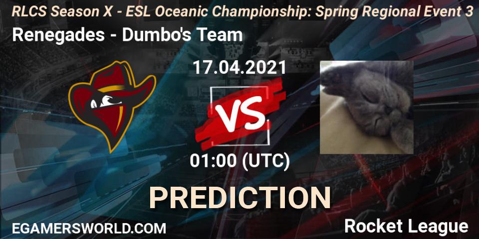 Renegades - Dumbo's Team: прогноз. 17.04.2021 at 01:00, Rocket League, RLCS Season X - ESL Oceanic Championship: Spring Regional Event 3
