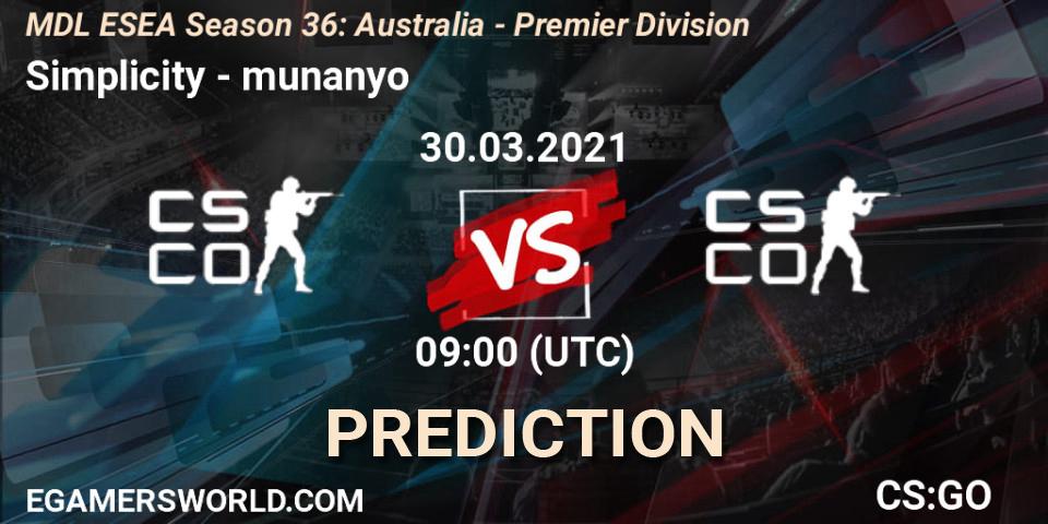 Simplicity - munanyo: прогноз. 30.03.2021 at 09:00, Counter-Strike (CS2), MDL ESEA Season 36: Australia - Premier Division