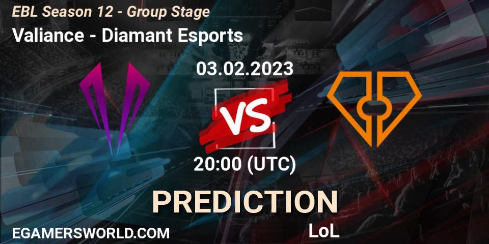 Valiance - Diamant Esports: прогноз. 03.02.2023 at 20:00, LoL, EBL Season 12 - Group Stage