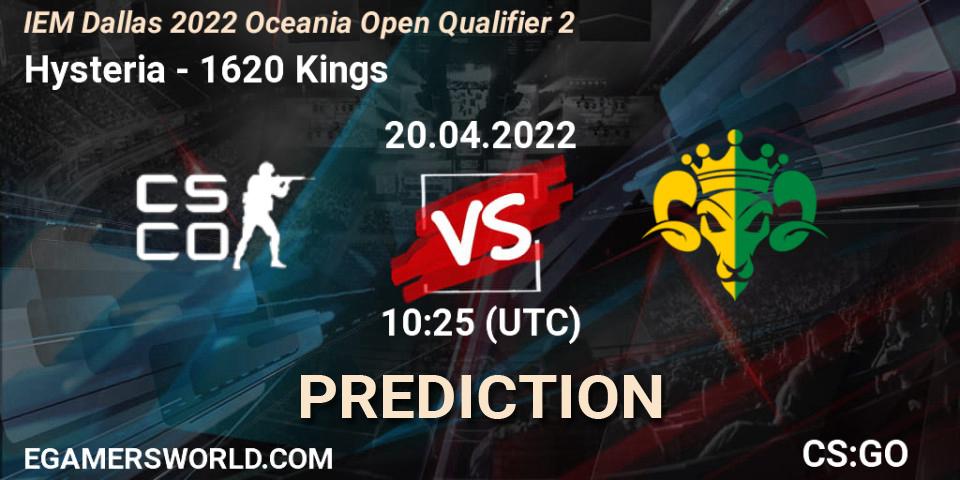 Hysteria - 1620 Kings: прогноз. 20.04.2022 at 10:25, Counter-Strike (CS2), IEM Dallas 2022 Oceania Open Qualifier 2