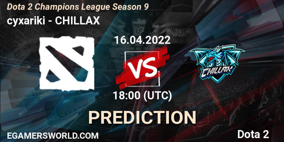 cyxariki - CHILLAX: прогноз. 16.04.2022 at 18:20, Dota 2, Dota 2 Champions League Season 9