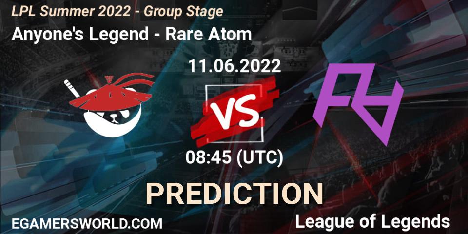 Anyone's Legend - Rare Atom: прогноз. 11.06.22, LoL, LPL Summer 2022 - Group Stage