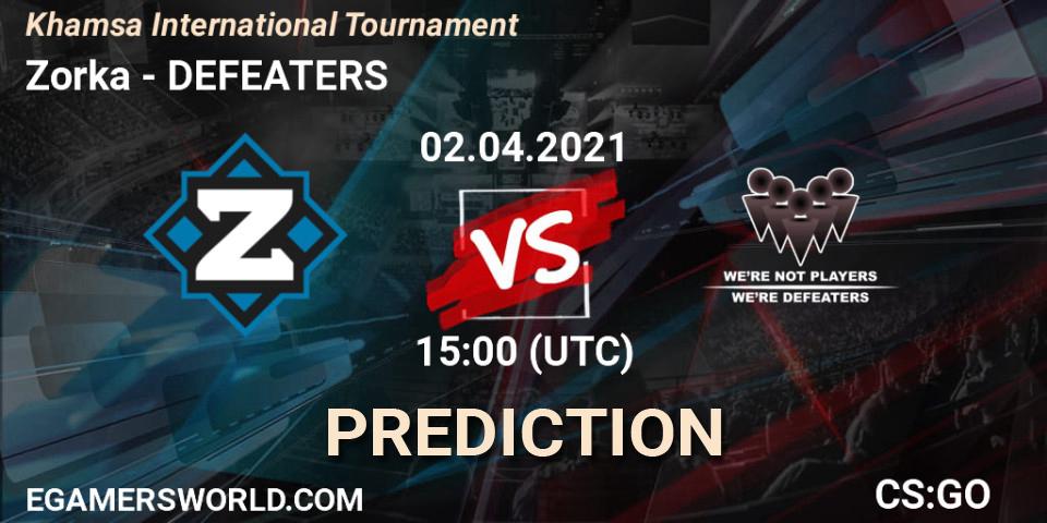 Zorka - DEFEATERS: прогноз. 02.04.2021 at 15:00, Counter-Strike (CS2), Khamsa International Tournament