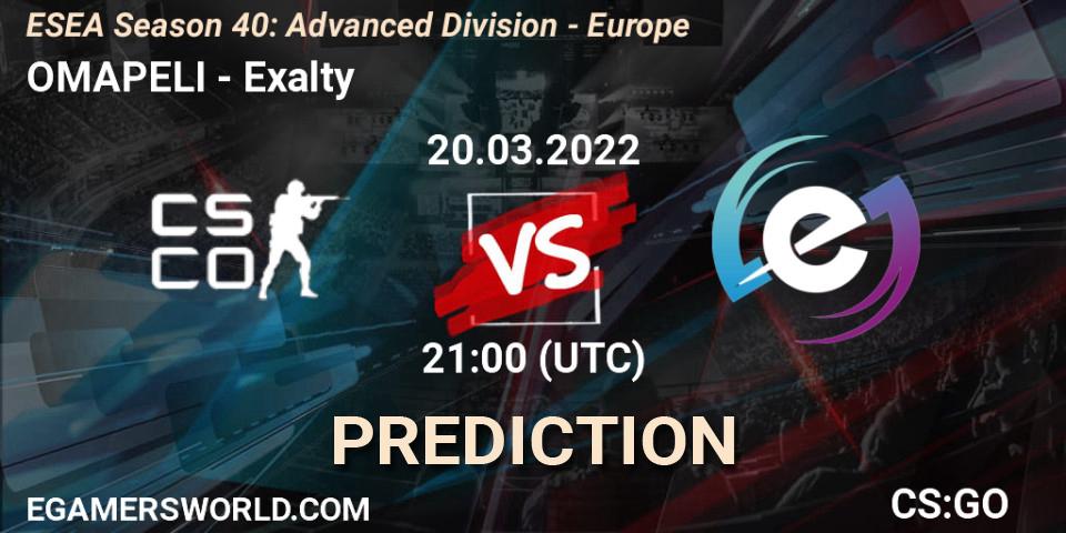 OMAPELI - Exalty: прогноз. 20.03.2022 at 21:00, Counter-Strike (CS2), ESEA Season 40: Advanced Division - Europe