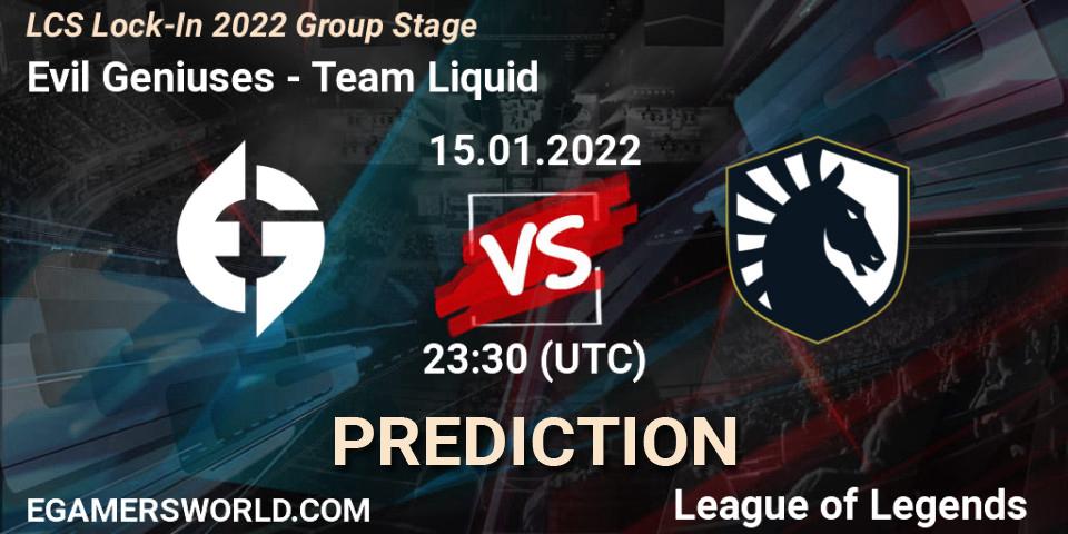 Evil Geniuses - Team Liquid: прогноз. 15.01.2022 at 23:15, LoL, LCS Lock-In 2022 Group Stage