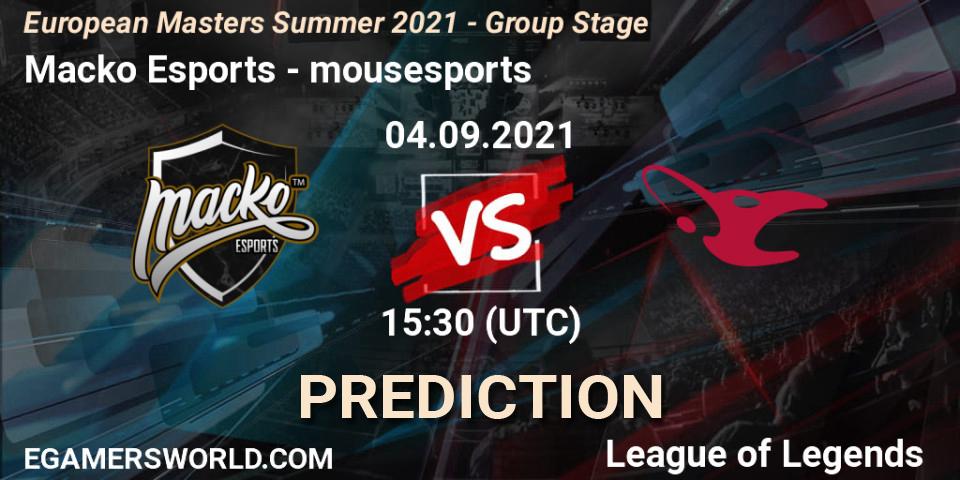 Macko Esports - mousesports: прогноз. 04.09.2021 at 15:30, LoL, European Masters Summer 2021 - Group Stage