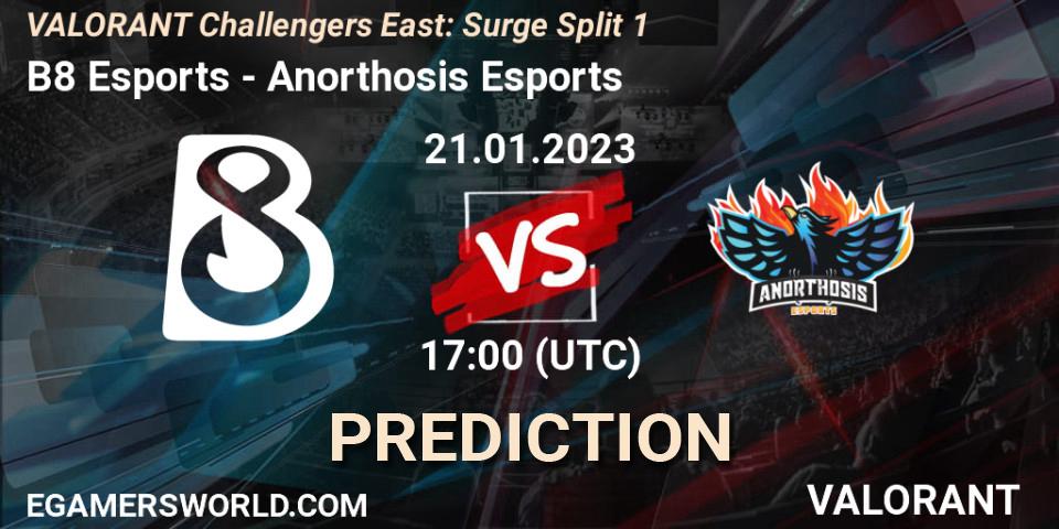 B8 Esports - Anorthosis Esports: прогноз. 21.01.2023 at 17:15, VALORANT, VALORANT Challengers 2023 East: Surge Split 1