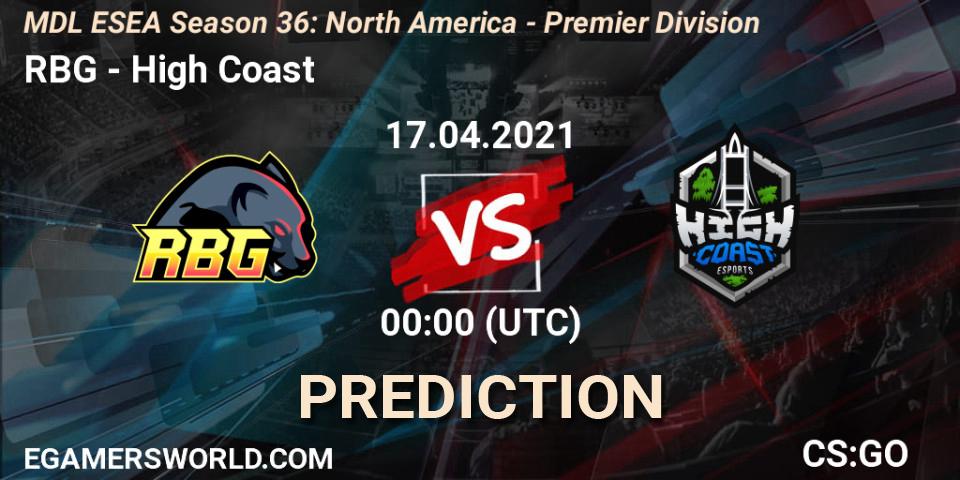 RBG - High Coast: прогноз. 17.04.2021 at 00:00, Counter-Strike (CS2), MDL ESEA Season 36: North America - Premier Division