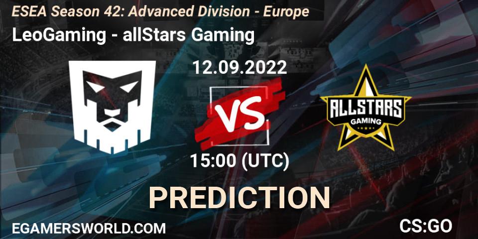 LeoGaming - allStars Gaming: прогноз. 12.09.2022 at 15:00, Counter-Strike (CS2), ESEA Season 42: Advanced Division - Europe