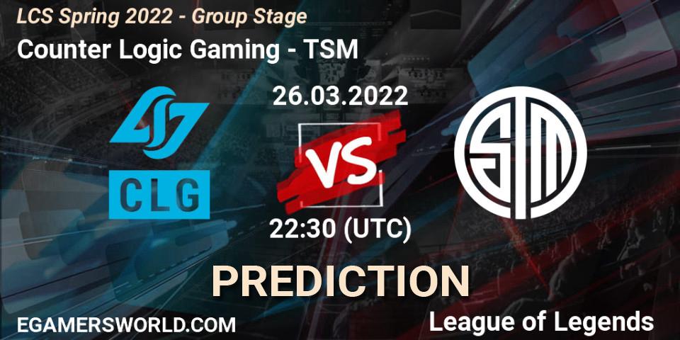 Counter Logic Gaming - TSM: прогноз. 26.03.2022 at 23:30, LoL, LCS Spring 2022 - Group Stage