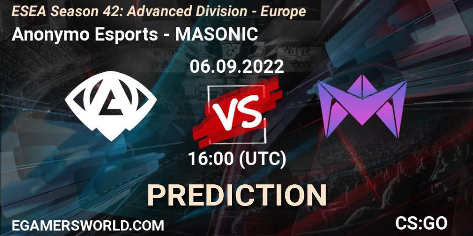 Anonymo Esports - MASONIC: прогноз. 06.09.2022 at 16:00, Counter-Strike (CS2), ESEA Season 42: Advanced Division - Europe