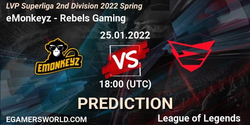 eMonkeyz - Rebels Gaming: прогноз. 26.01.2022 at 18:00, LoL, LVP Superliga 2nd Division 2022 Spring