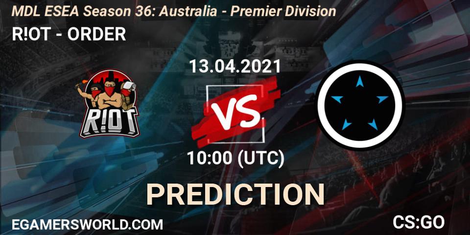 R!OT - ORDER: прогноз. 13.04.2021 at 10:00, Counter-Strike (CS2), MDL ESEA Season 36: Australia - Premier Division