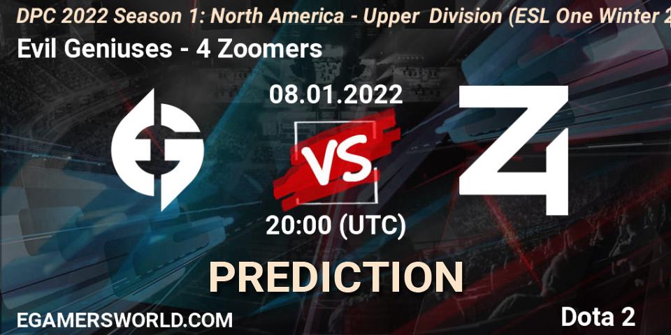 Evil Geniuses - 4 Zoomers: прогноз. 08.01.2022 at 20:13, Dota 2, DPC 2022 Season 1: North America - Upper Division (ESL One Winter 2021)