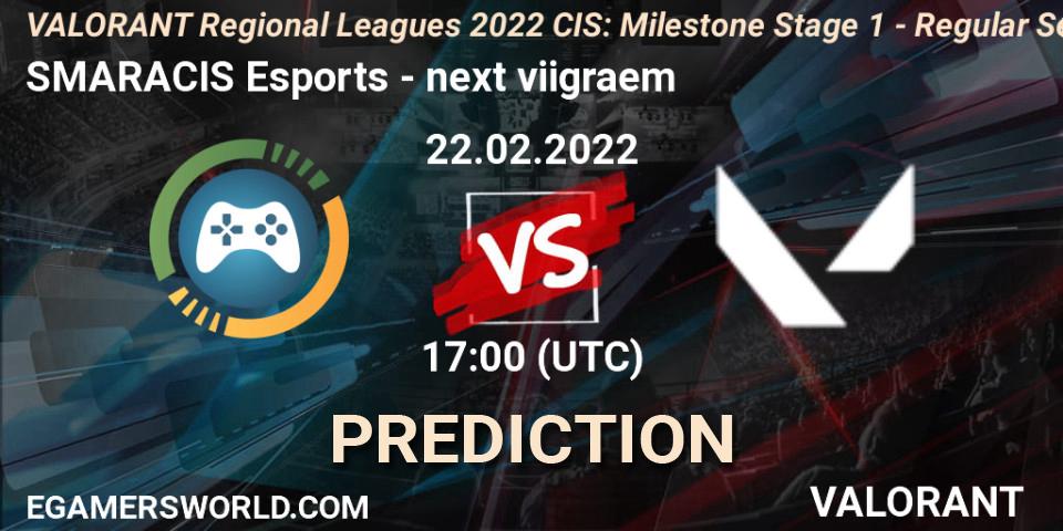 SMARACIS Esports - next viigraem: прогноз. 22.02.2022 at 17:00, VALORANT, VALORANT Regional Leagues 2022 CIS: Milestone Stage 1 - Regular Season