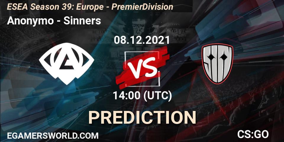 Anonymo - Sinners: прогноз. 08.12.2021 at 14:00, Counter-Strike (CS2), ESEA Season 39: Europe - Premier Division