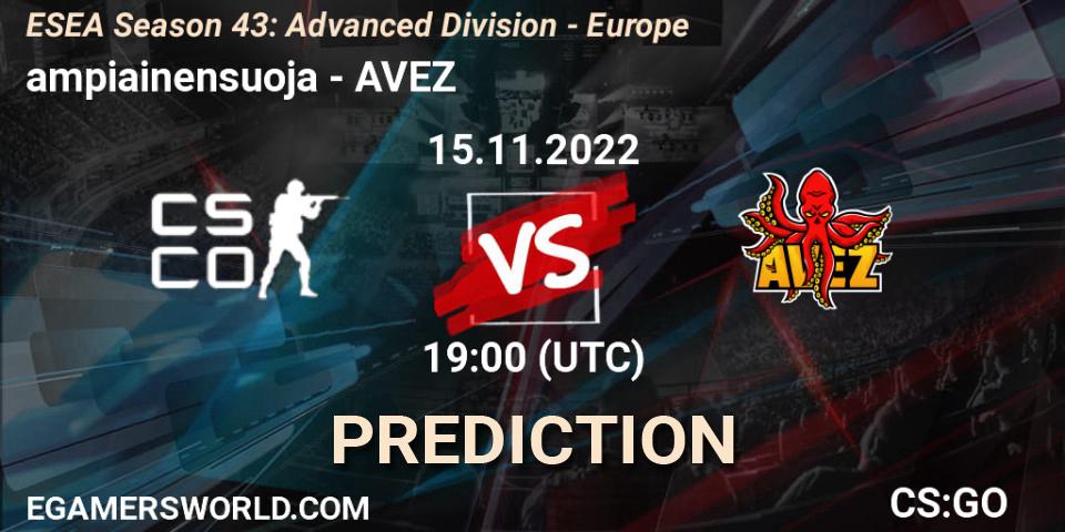 ampiainensuoja - AVEZ: прогноз. 15.11.2022 at 19:00, Counter-Strike (CS2), ESEA Season 43: Advanced Division - Europe