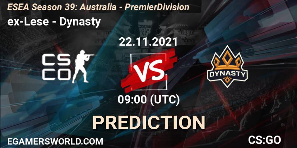 ex-Lese - Dynasty: прогноз. 22.11.2021 at 09:00, Counter-Strike (CS2), ESEA Season 39: Australia - Premier Division