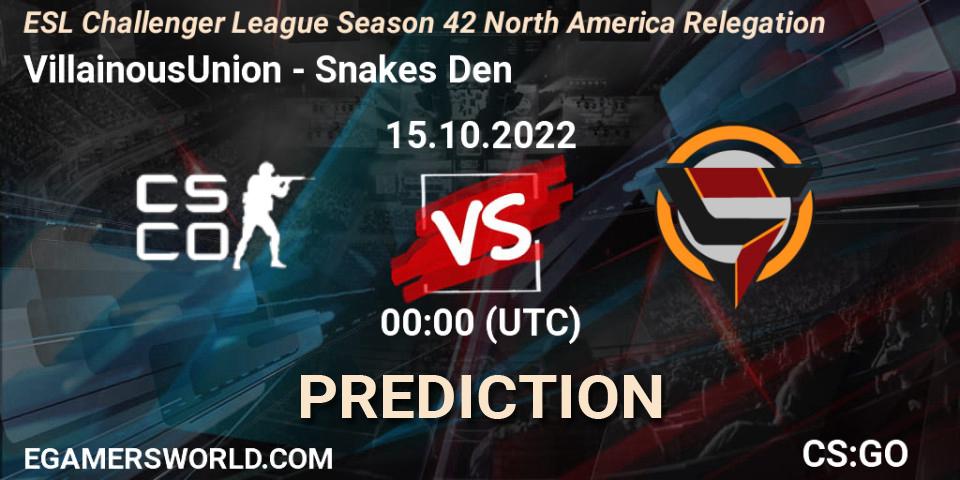 Villainous - Snakes Den: прогноз. 15.10.2022 at 00:00, Counter-Strike (CS2), ESL Challenger League Season 42 North America Relegation