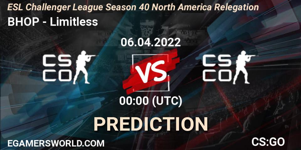 BHOP - Limitless: прогноз. 06.04.2022 at 00:00, Counter-Strike (CS2), ESL Challenger League Season 40 North America Relegation