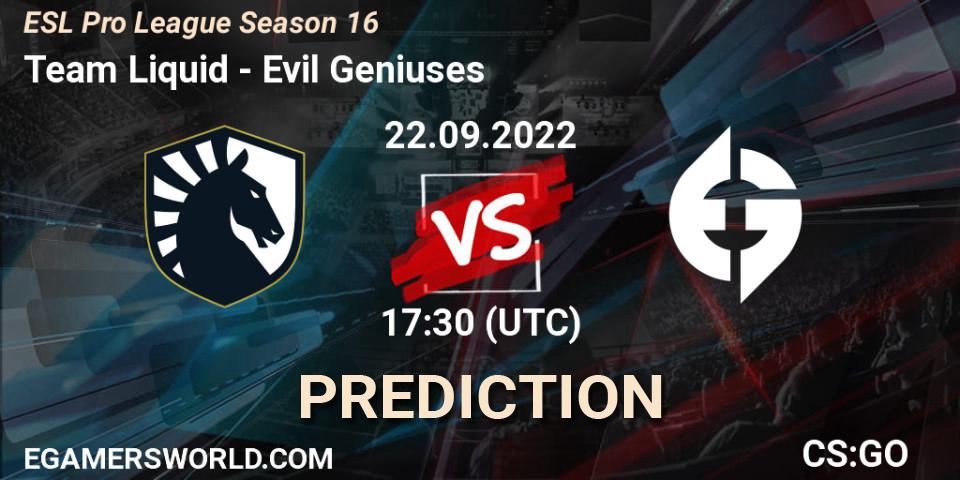 Team Liquid - Evil Geniuses: прогноз. 22.09.2022 at 17:30, Counter-Strike (CS2), ESL Pro League Season 16