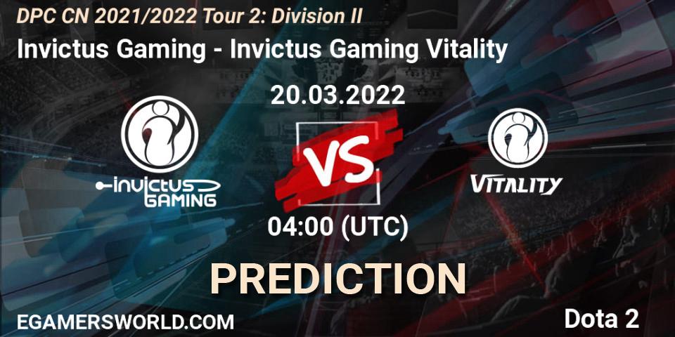 Invictus Gaming - Invictus Gaming Vitality: прогноз. 20.03.2022 at 04:17, Dota 2, DPC 2021/2022 Tour 2: CN Division II (Lower)