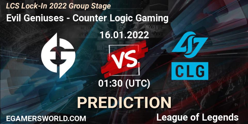 Evil Geniuses - Counter Logic Gaming: прогноз. 16.01.2022 at 01:30, LoL, LCS Lock-In 2022 Group Stage
