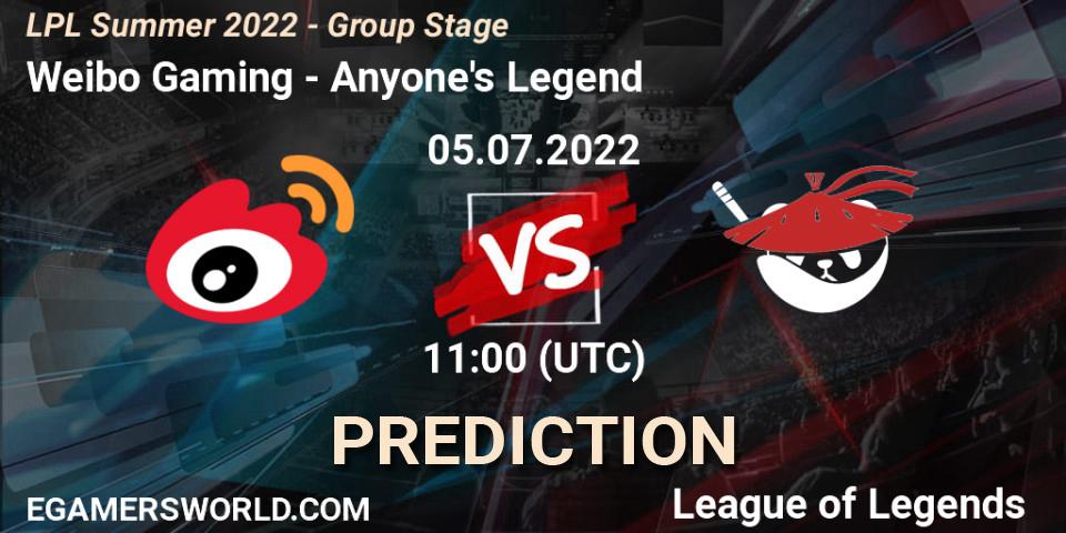 Weibo Gaming - Anyone's Legend: прогноз. 05.07.2022 at 11:00, LoL, LPL Summer 2022 - Group Stage