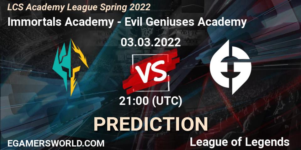 Immortals Academy - Evil Geniuses Academy: прогноз. 03.03.2022 at 21:00, LoL, LCS Academy League Spring 2022