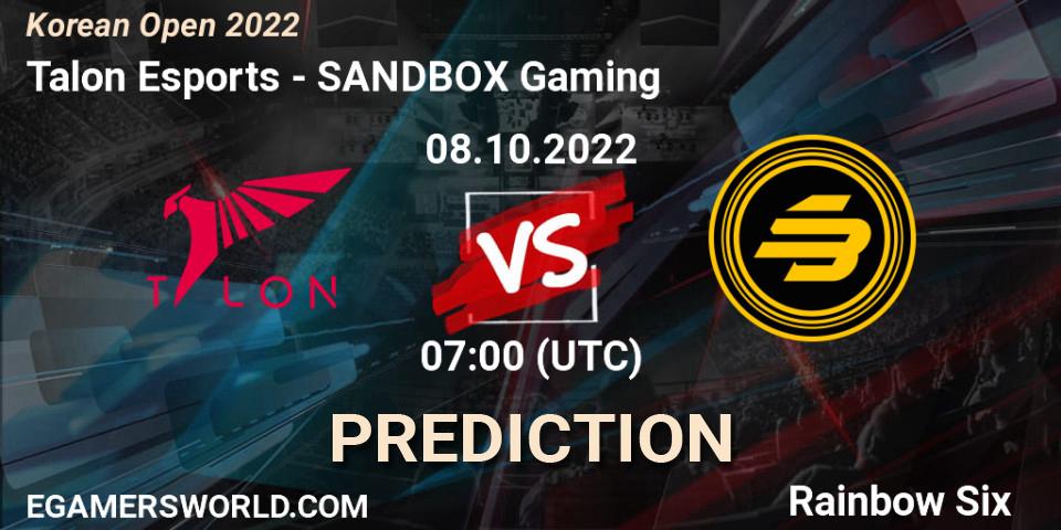 Talon Esports - SANDBOX Gaming: прогноз. 08.10.2022 at 07:00, Rainbow Six, Korean Open 2022