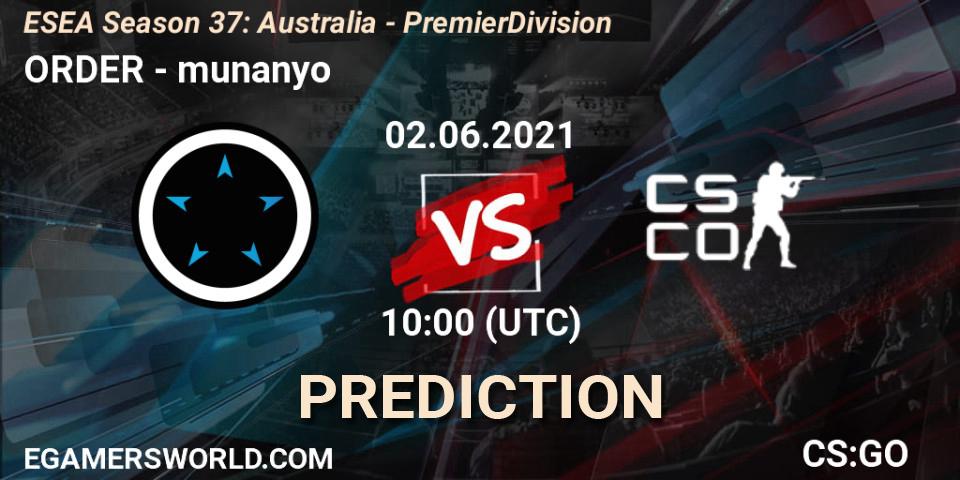 ORDER - munanyo: прогноз. 02.06.2021 at 10:00, Counter-Strike (CS2), ESEA Season 37: Australia - Premier Division