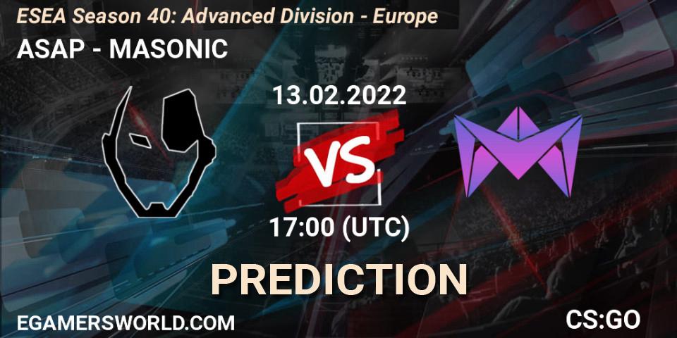 ASAP - MASONIC: прогноз. 13.02.2022 at 17:00, Counter-Strike (CS2), ESEA Season 40: Advanced Division - Europe