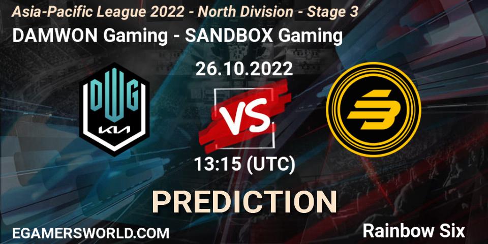 DAMWON Gaming - SANDBOX Gaming: прогноз. 26.10.2022 at 13:15, Rainbow Six, Asia-Pacific League 2022 - North Division - Stage 3