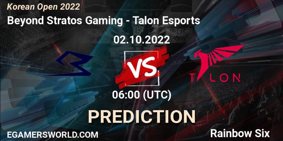 Beyond Stratos Gaming - Talon Esports: прогноз. 02.10.2022 at 06:00, Rainbow Six, Korean Open 2022